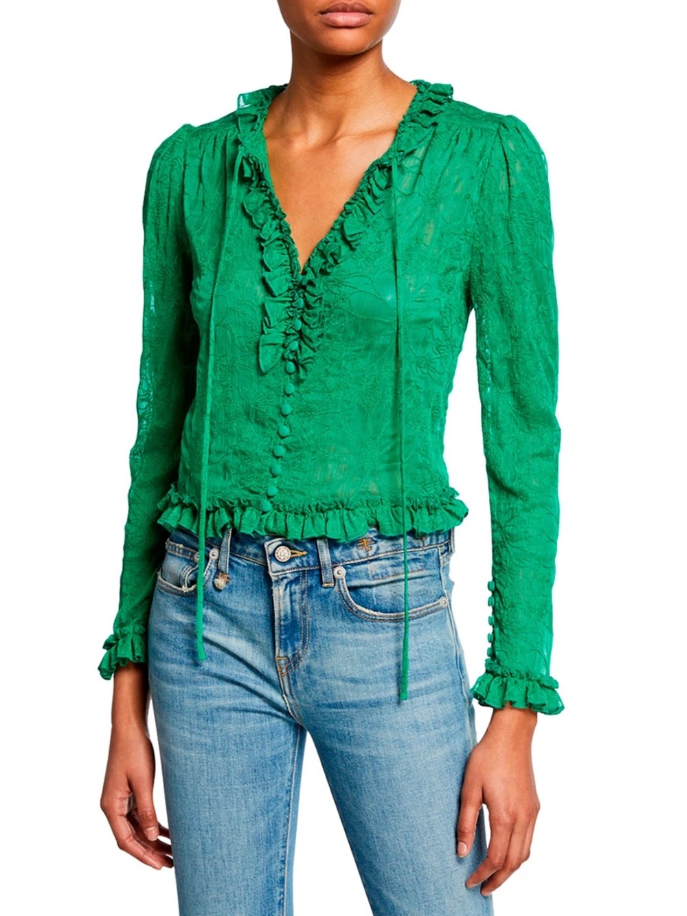 ALEXIS Lace Pattern Ruffle, Button Down, Tie-Neck, Sheer Crop Blouse